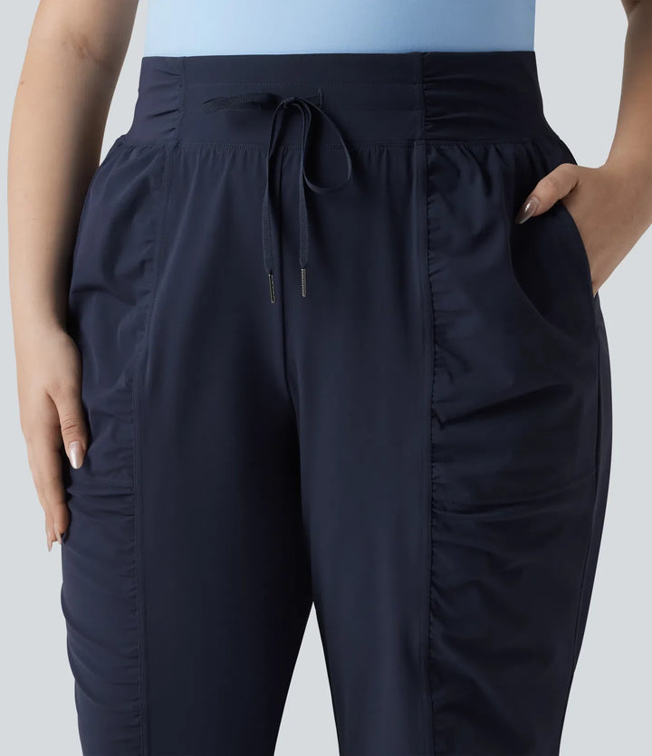 Plus Size High Waisted Drawstring Ruched Tapered Quick Dry Cool Touch Dance Joggers with Pockets-UPF40+