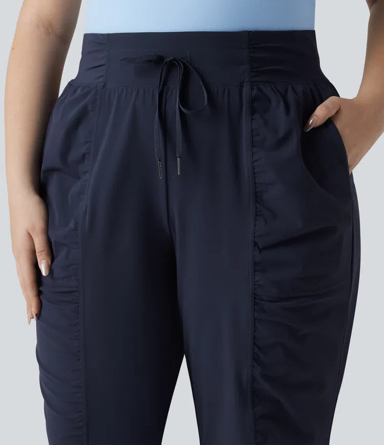 Plus Size High Waisted Drawstring Ruched Tapered Quick Dry InstantCool Dance Joggers with Pockets-UPF40+