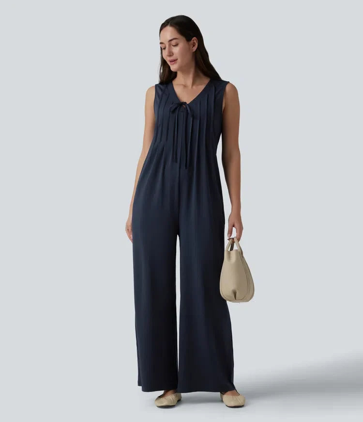 Deep V-neck Tie-front Pleated Sleeveless Invisible Zipper Casual Baggy Jumpsuit with Pockets