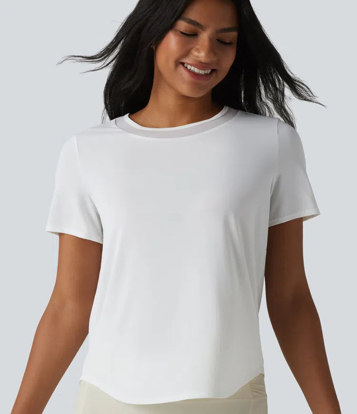 Round Neck Short Sleeve Contrast Mesh Curved Hem Running Sports Top