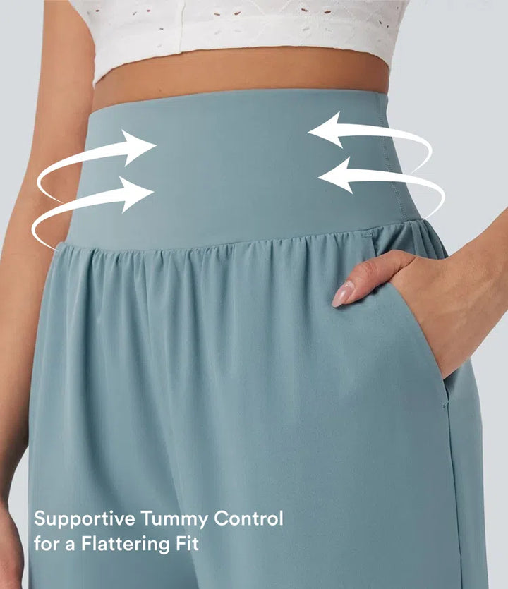 Breezeful High Waisted Tummy Control Hem Quick Dry Capri Trousers with Pockets