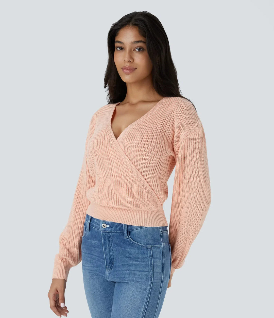 V Neck Dropped Shoulder Long Sleeve Wrapped Relaxed Casual Jumper