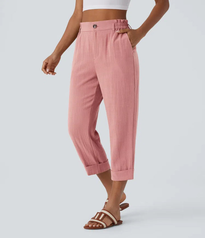 High Waisted Zipper Pocket Cropped Linen-Feel Trousers