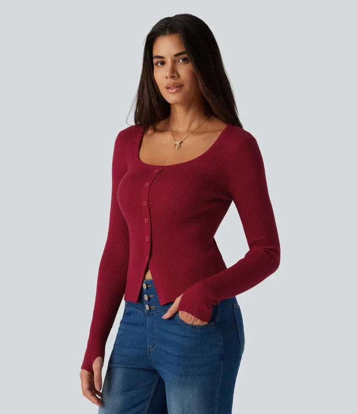 Square Neck Long Sleeve Thumb Hole Casual Jumper
