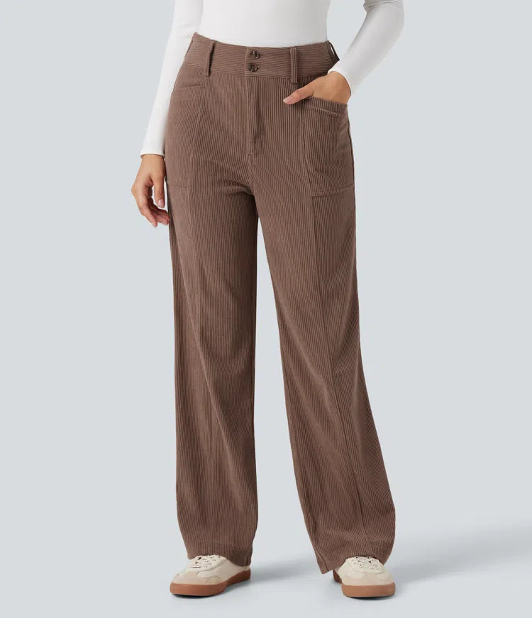 High Waisted Corduroy Casual Straight Leg Trousers with Pockets