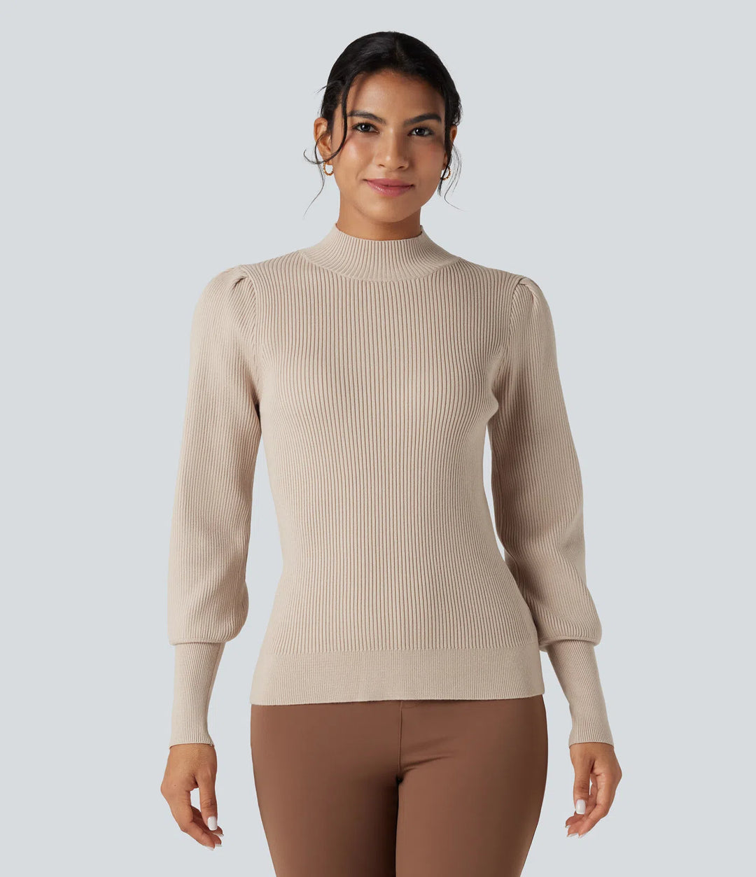 Mock Neck Puff Long Sleeve Casual Jumper