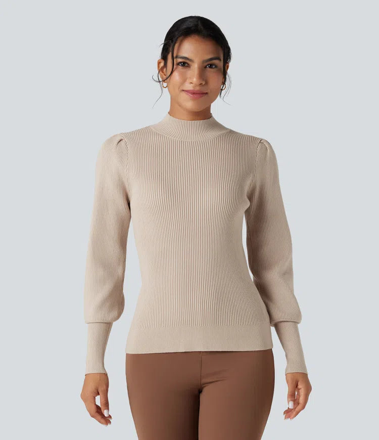 Mock Neck Puff Long Sleeve Casual Jumper