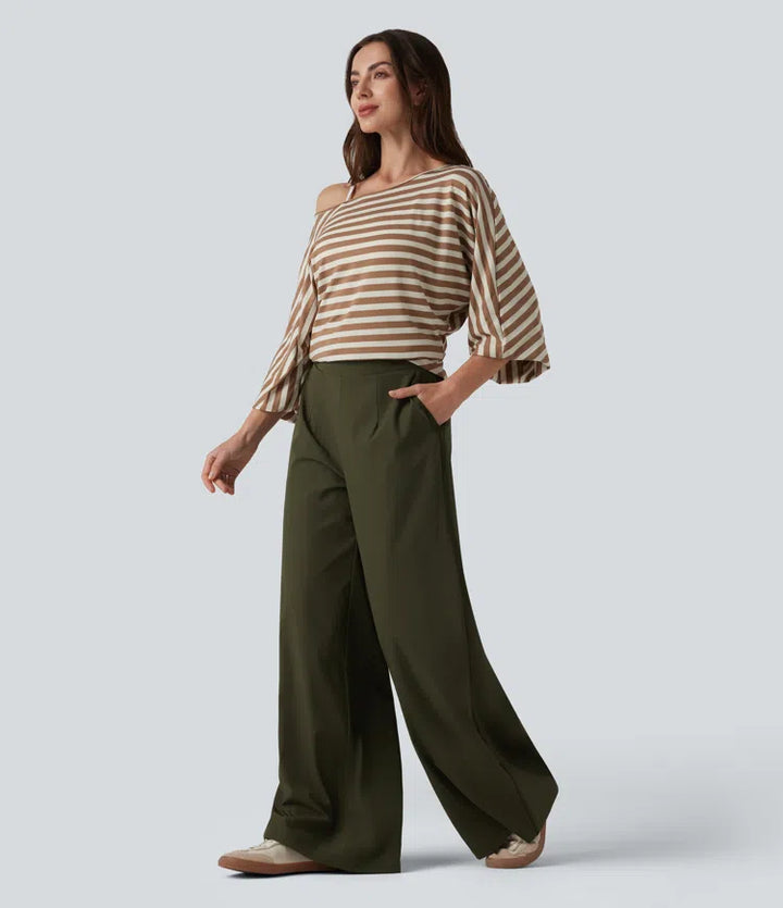 High Waisted Wide Leg Casual Trousers with Pockets