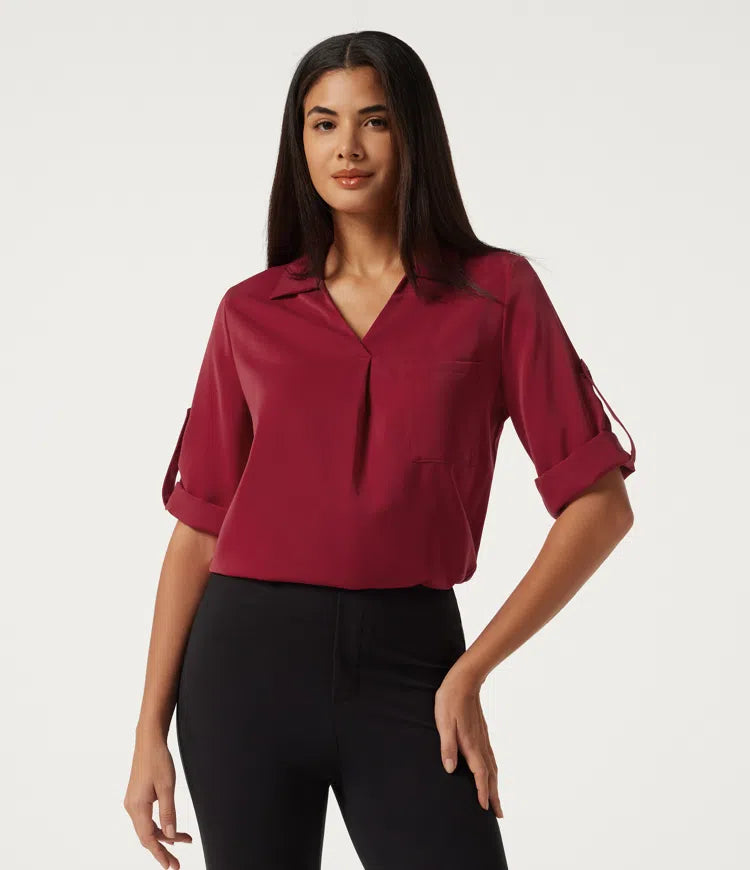 Wrinkle Recovery V Neck Long Sleeve Work Shirt with Pocket