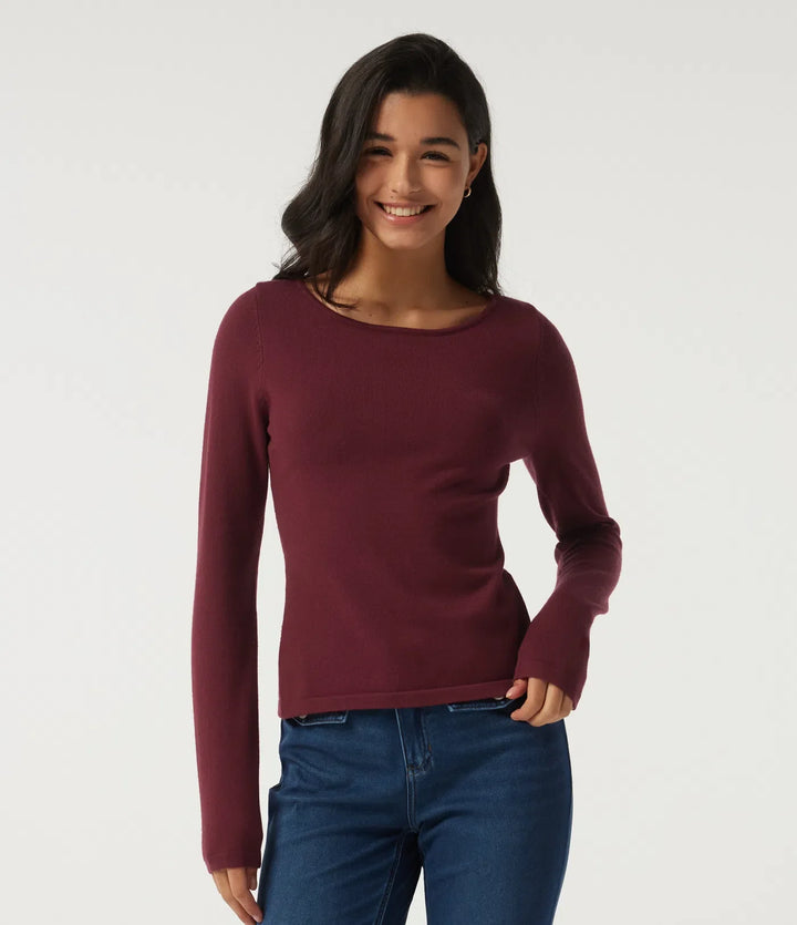 Boat Neck Long Sleeve Contrast Lace Cut Out Back Casual Jumper