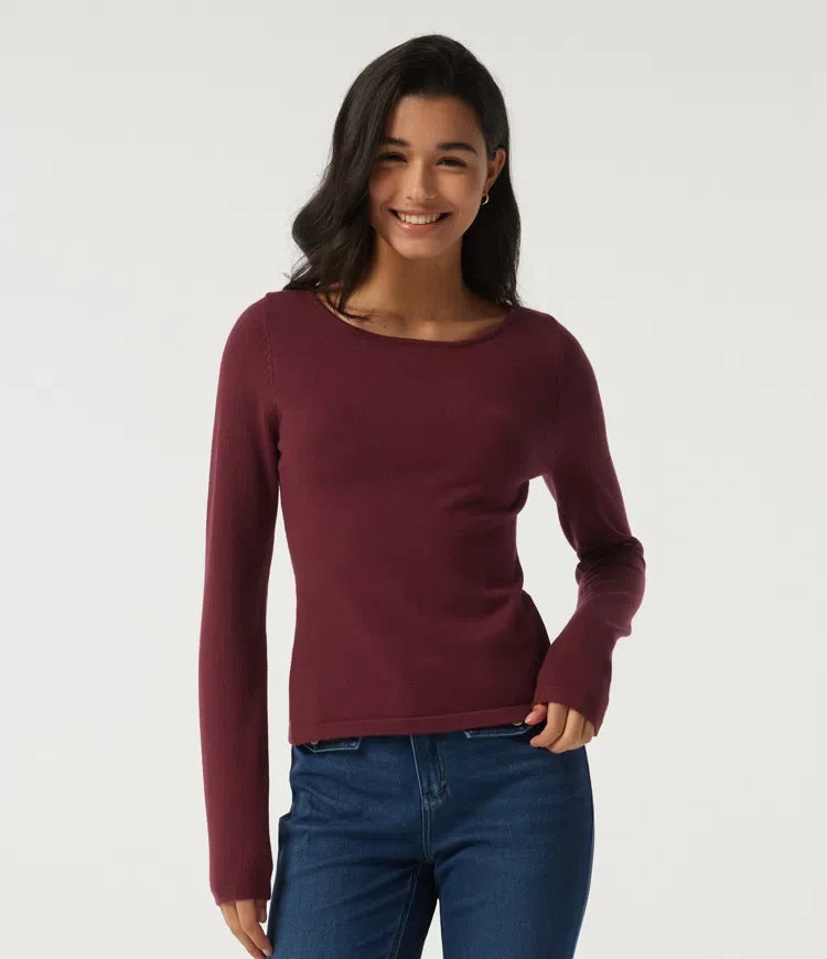 Boat Neck Long Sleeve Contrast Lace Cut Out Back Casual Jumper