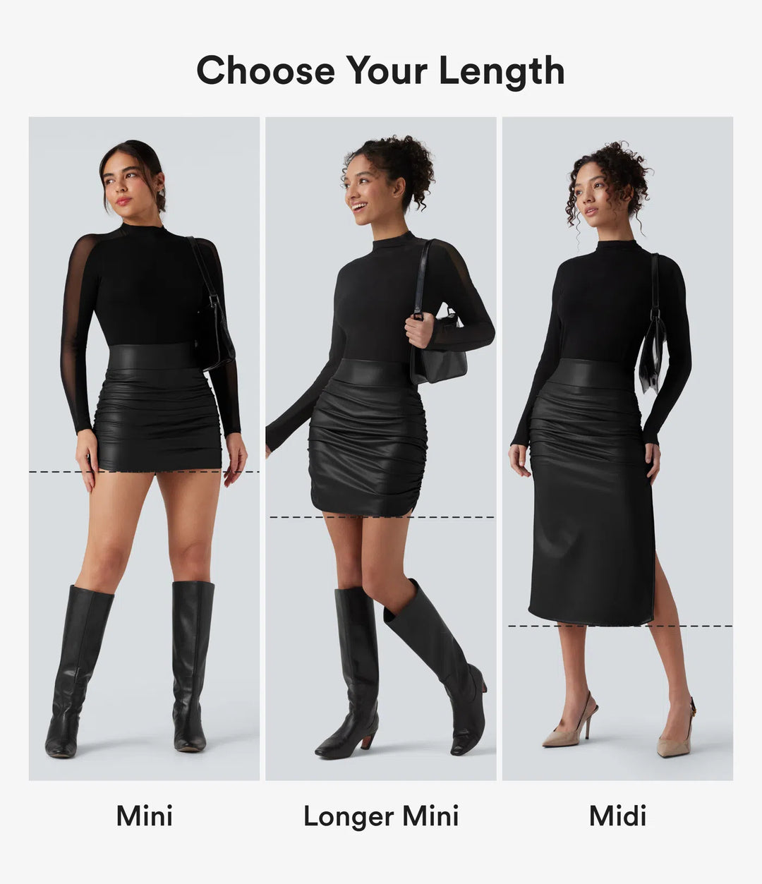High Waisted Tummy Control Ruched Curved Hem 2-in-1 Fleece PU Mini Bodycon Party Skirt-Longer Length