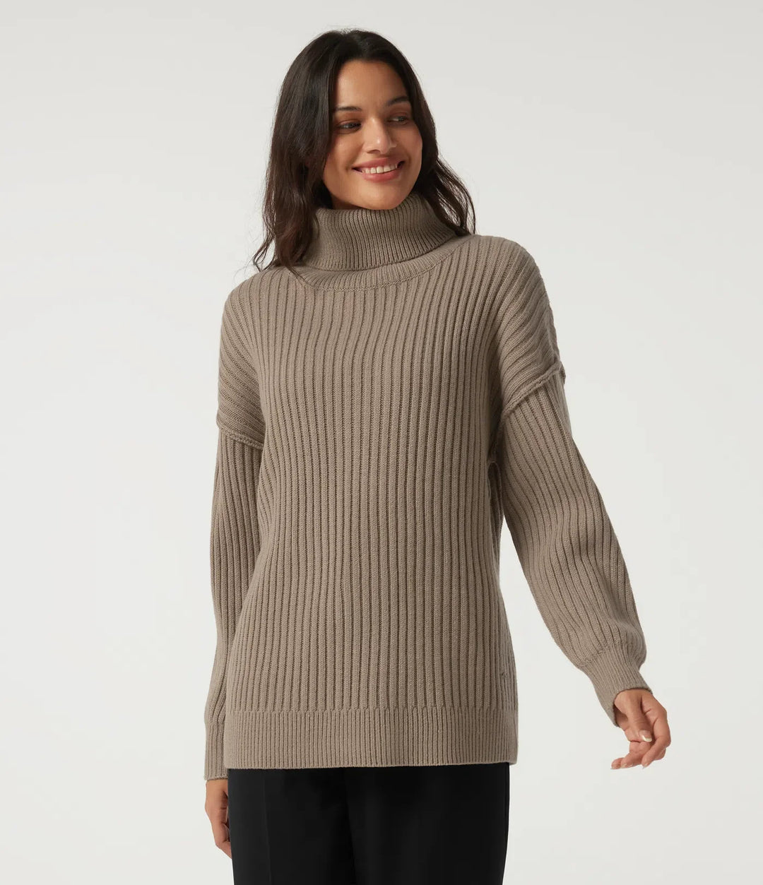 High Neck Long Sleeve Dropped Shoulder Casual Wool-Blend Jumper