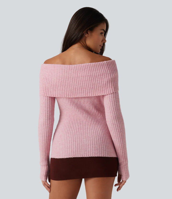 Off Shoulder Long Sleeve Thumb Hole Work Jumper
