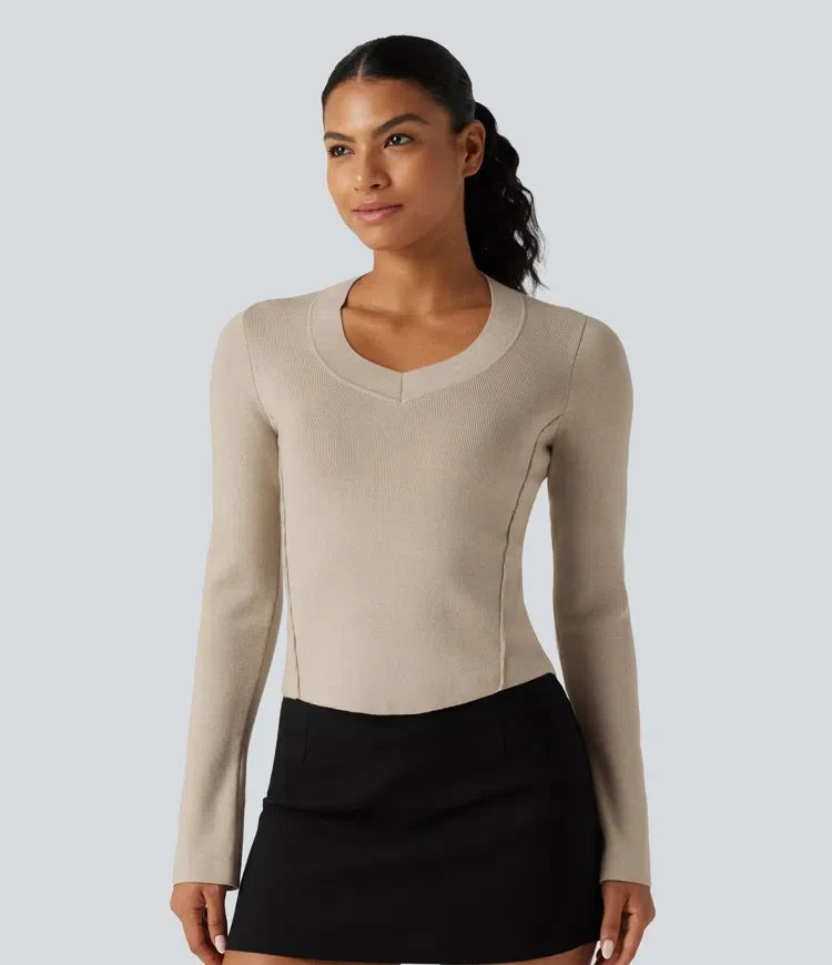 V Neck Long Sleeve Curved Hem Work Wool-Blend Jumper