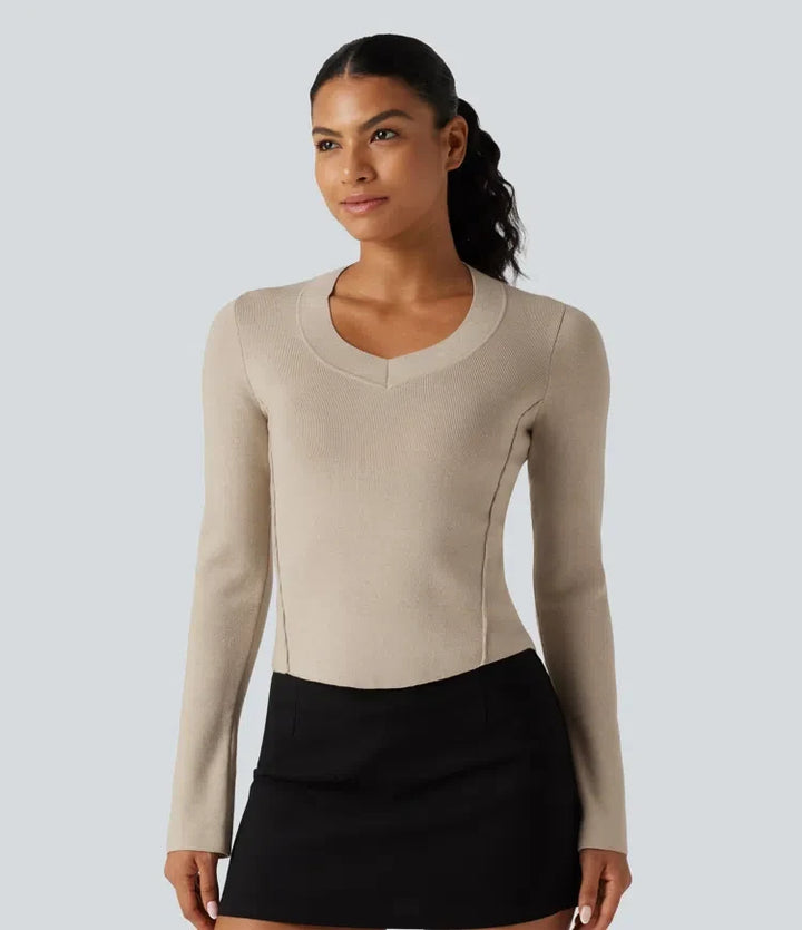 V Neck Long Sleeve Curved Hem Work Wool-Blend Jumper