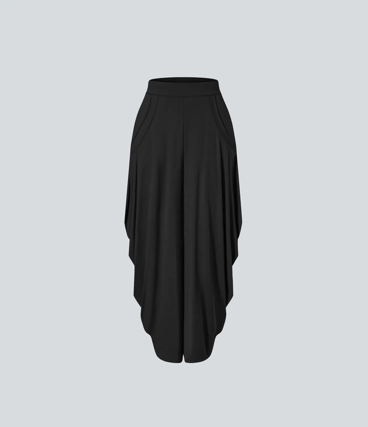 Mid Rise Multiple Pockets Draped Wide Leg Casual Trousers
