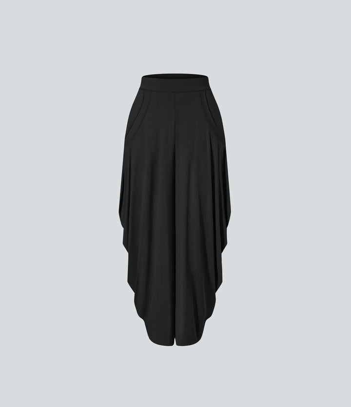 Mid Rise Pockets Draped Wide Leg Baggy Casual Trousers