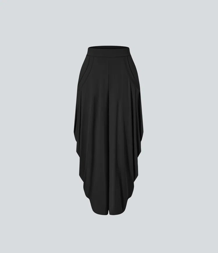 Mid Rise Multiple Pockets Draped Wide Leg Casual Trousers