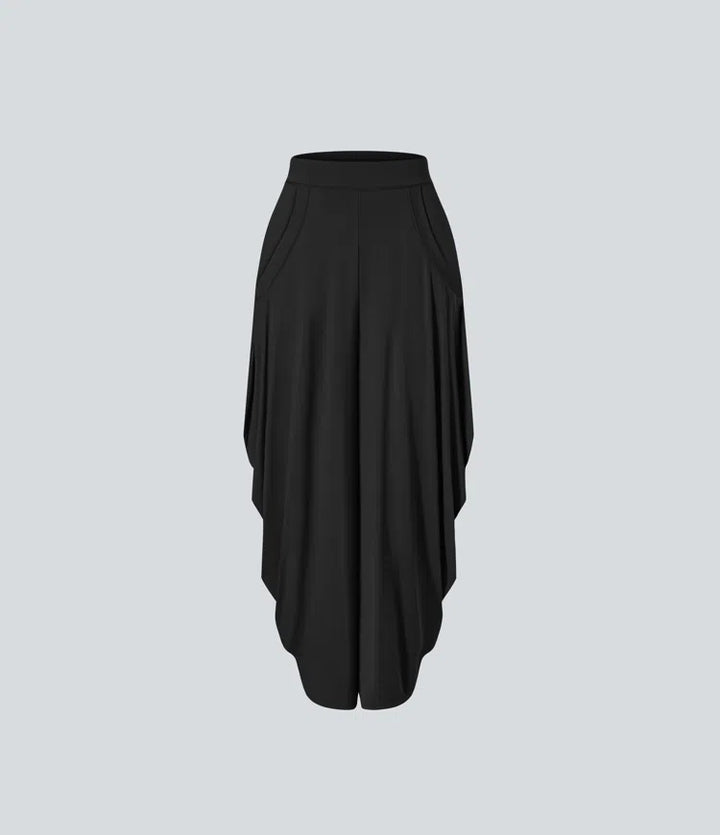 Mid Rise Multiple Pockets Draped Wide Leg Casual Trousers