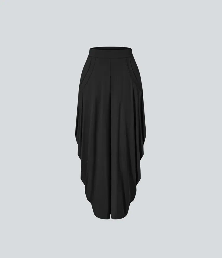 Mid Rise Pockets Draped Wide Leg Baggy Casual Trousers