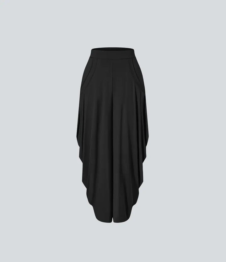 Mid Rise Pockets Draped Wide Leg Baggy Casual Trousers