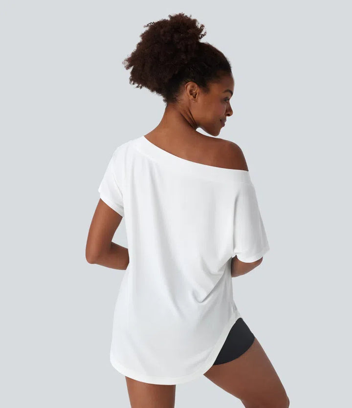 One Shoulder Short Sleeve Curved Hem High Low Quick Dry Yoga Sports Top