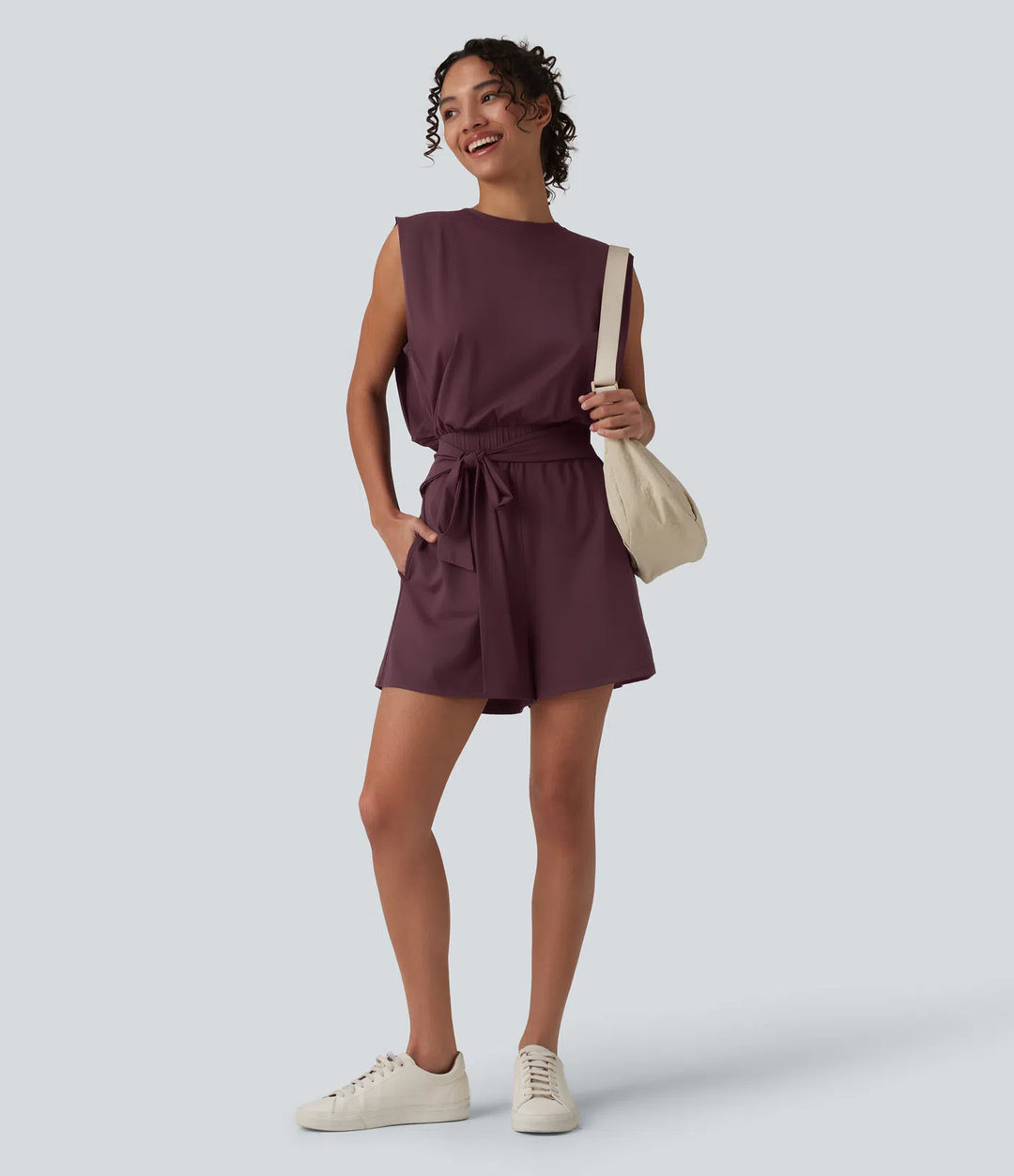 Round Neck Sleeveless Tie-front InstantCool Casual Playsuit with Pockets-Easy Peezy-UPF50+