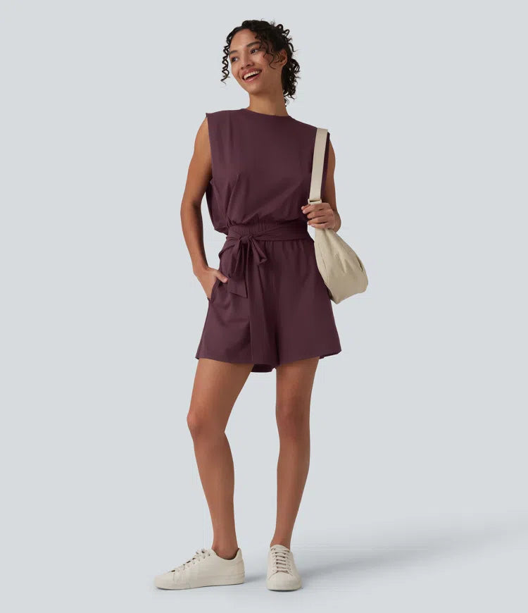 Round Neck Sleeveless Tie-front InstantCool Casual Playsuit with Pockets-Easy Peezy-UPF50+