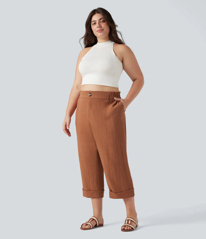 High Waisted Capri Linen-Feel Resort Plus Size Trousers with Pockets