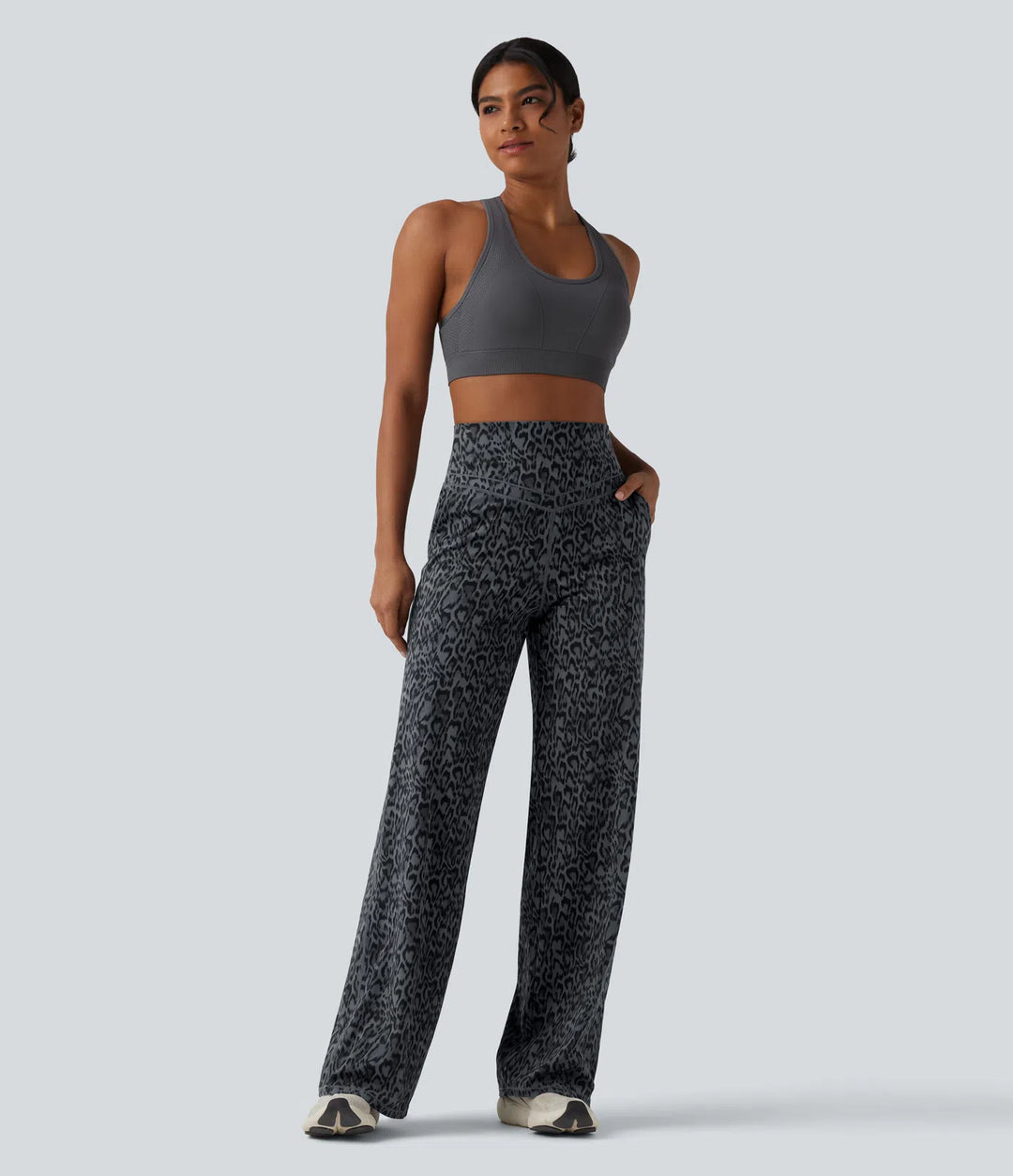 Halara UltraSculpt Leopard Print High Waisted Tummy Control Straight Leg Yoga Trousers with Pockets