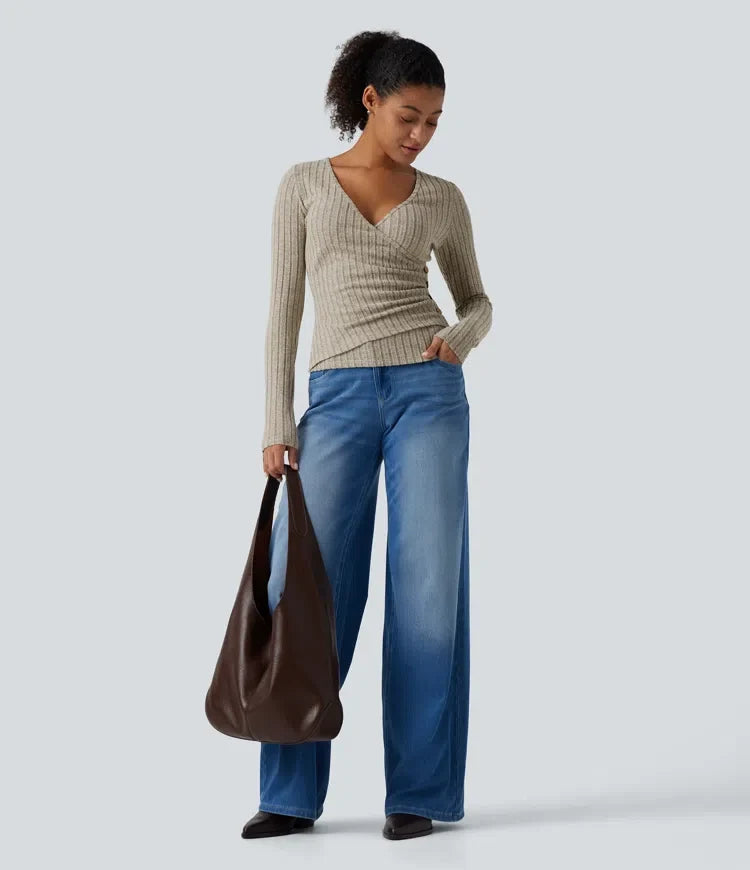 Ribbed Knit V Neck Long Sleeve Asymmetric Crossover Ruched Casual Slim Top