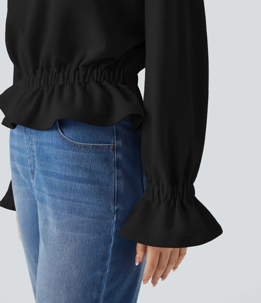 Round Neck Long Sleeve Ruffle Hem Casual Cotton Sweatshirt