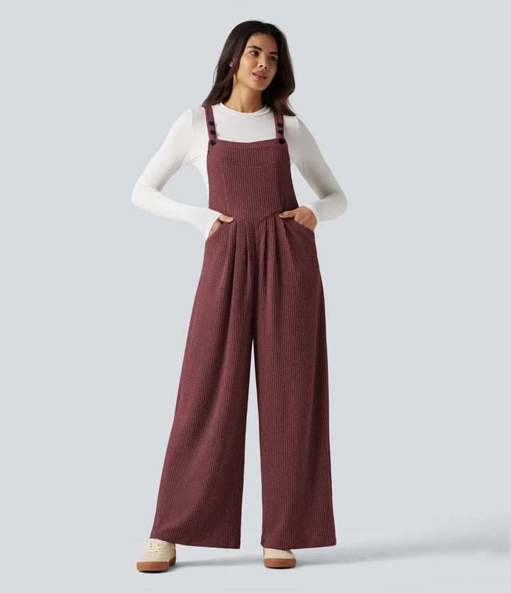 Ribbed Knit Casual Dungarees with Pockets