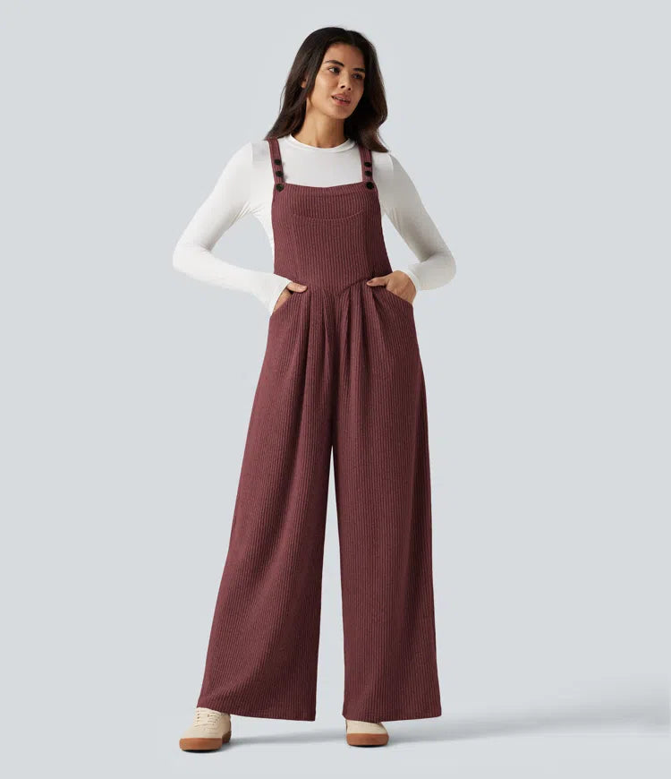 Ribbed Knit Casual Dungarees with Pockets