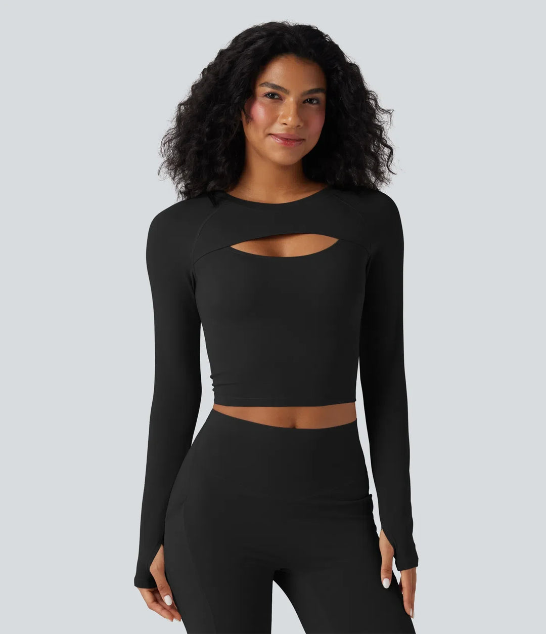 SoftlyZero QuickDry Cut Out Long Sleeve Thumb Hole Cropped Yoga Sports Top