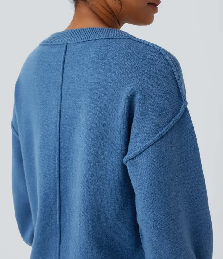 V Neck Dropped Shoulder Long Sleeve Split Casual Jumper