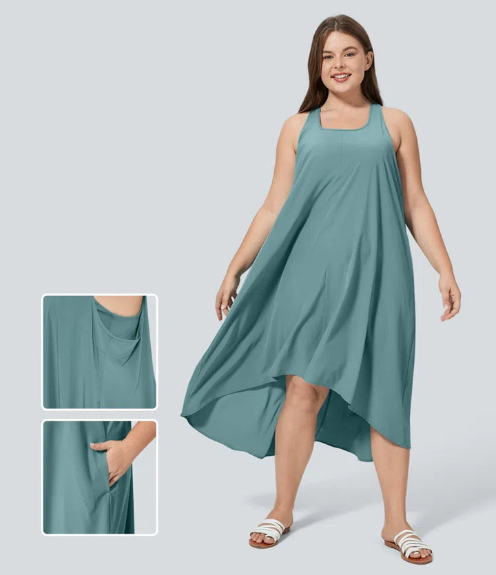 Breezeful Backless Racerback Side Pocket High Low Flowy Midi Quick Dry Casual Plus Size Dress