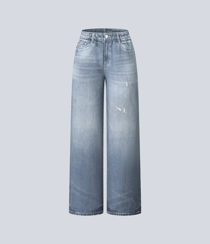Mid Rise Denim Print French Terry Casual Sweattrousers Jeans with Pockets