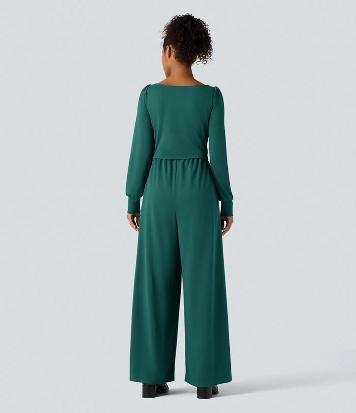 Square Neck Long Sleeve Work Jumpsuit with Pockets-Easy Peezy Edition