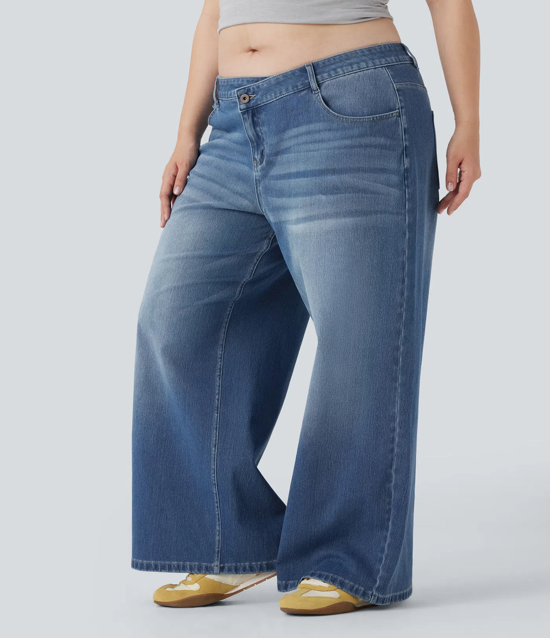 Plus Size Halara Flex Asymmetric Low Rise Wide Leg Washed Casual Jeans with Pockets