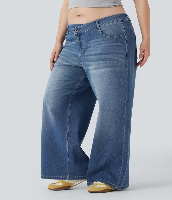 Plus Size Halara Flex Asymmetric Low Rise Wide Leg Washed Casual Jeans with Pockets