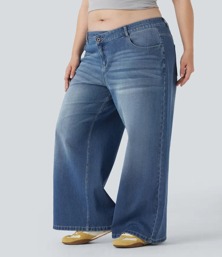Plus Size Halara Flex Asymmetric Low Rise Wide Leg Washed Casual Jeans with Pockets