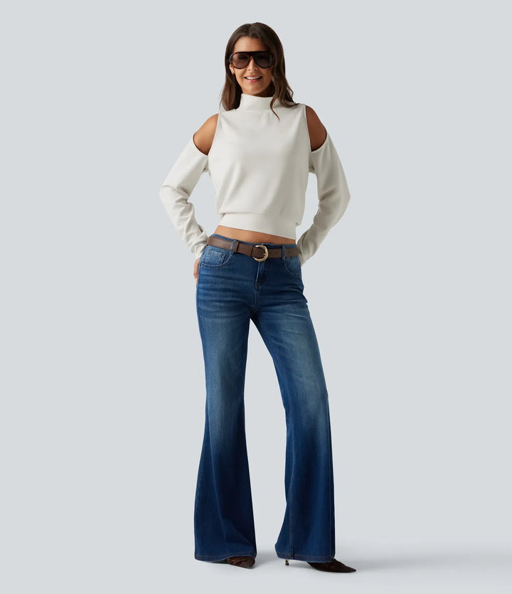Mock Neck Cold Shoulder Long Sleeve Casual Sweatshirt