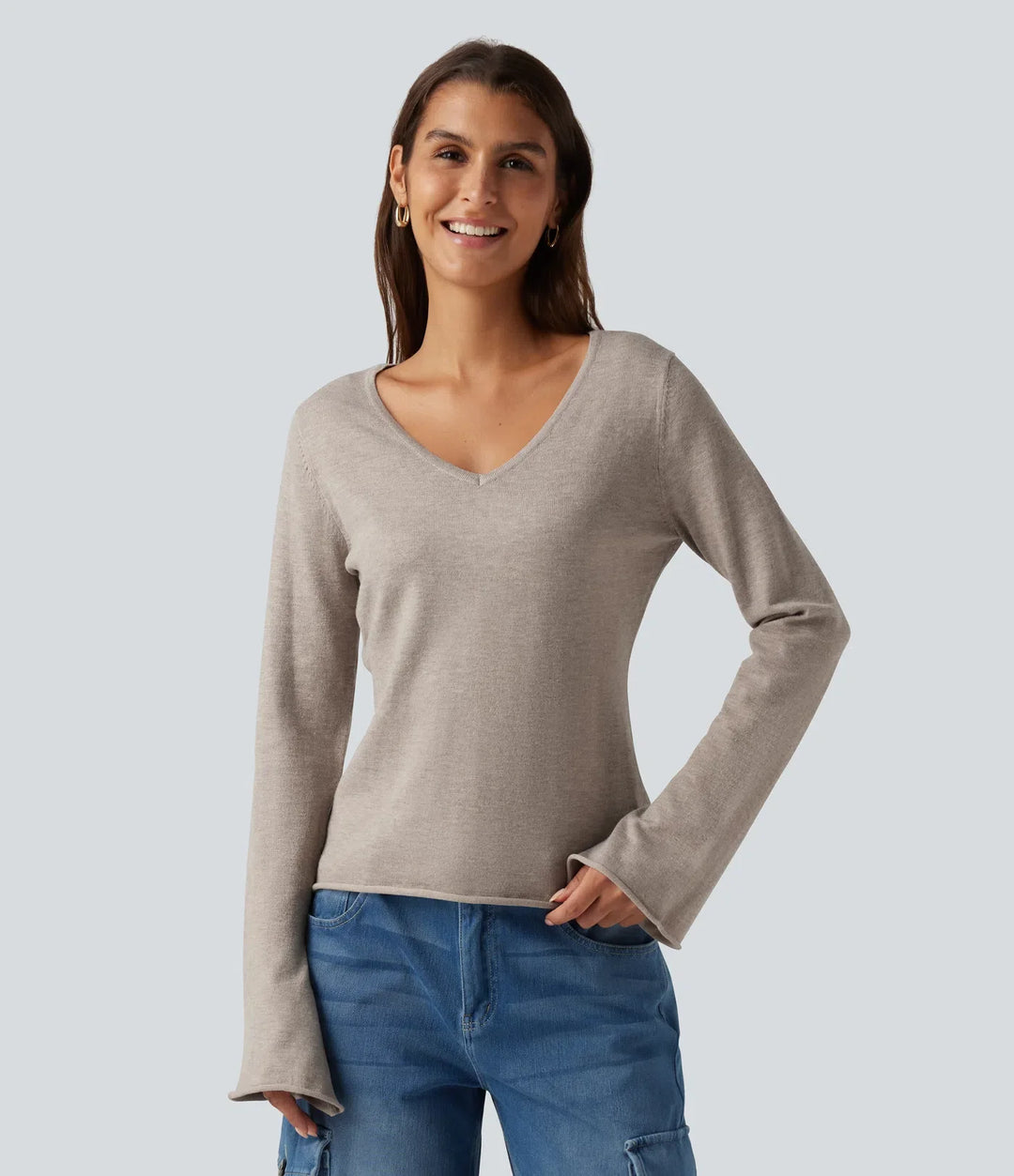 V Neck Flounce Long Sleeve Rolled Hem Casual Jumper