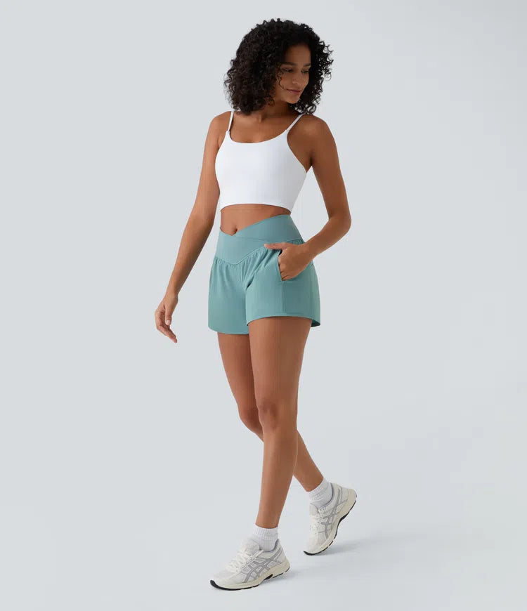 Breezeful High Waisted Crossover Side Pocket 2-in-1 Quick Dry Yoga Shorts 4"