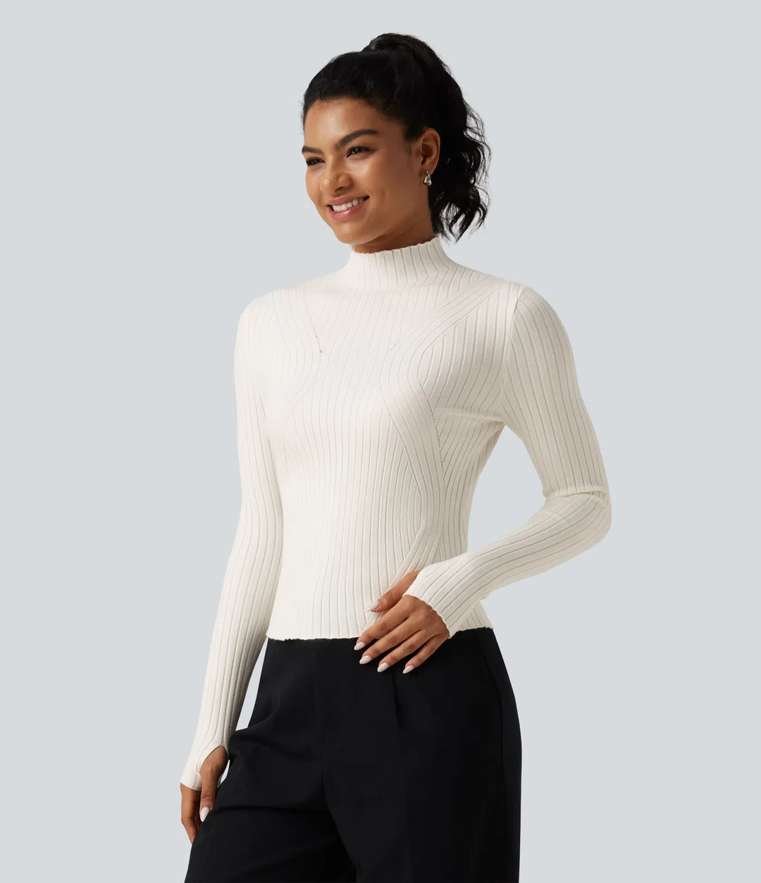 Mock Neck Long Sleeve Slim Work Jumper with Thumbholes