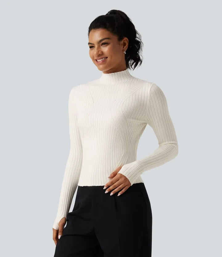 Mock Neck Long Sleeve Slim Work Jumper with Thumbholes