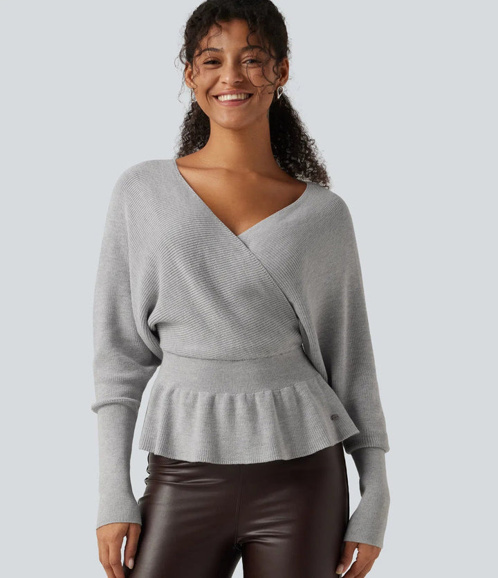 V Neck Batwing Long Sleeve Cut Out Casual Jumper