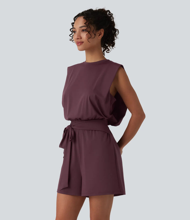 Round Neck Sleeveless Tie-front InstantCool Casual Playsuit with Pockets-Easy Peezy-UPF50+